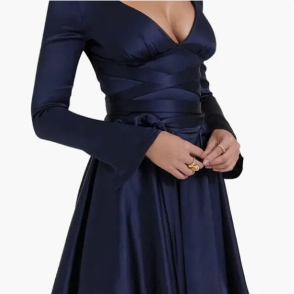 House of CB Dominique Navy Blue Satin Dress - Picture 3 of 8